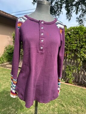 Sundance Purple Crochet-Trim Henley Long Sleeve Top